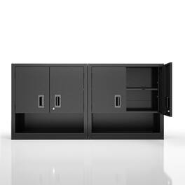 TinyHomie - Set of 2 Garage Wall Metal Cabinet with Locking 3/4 Doors and Adjustable Shelf, Floating Upper Storage Cabinet - Black
