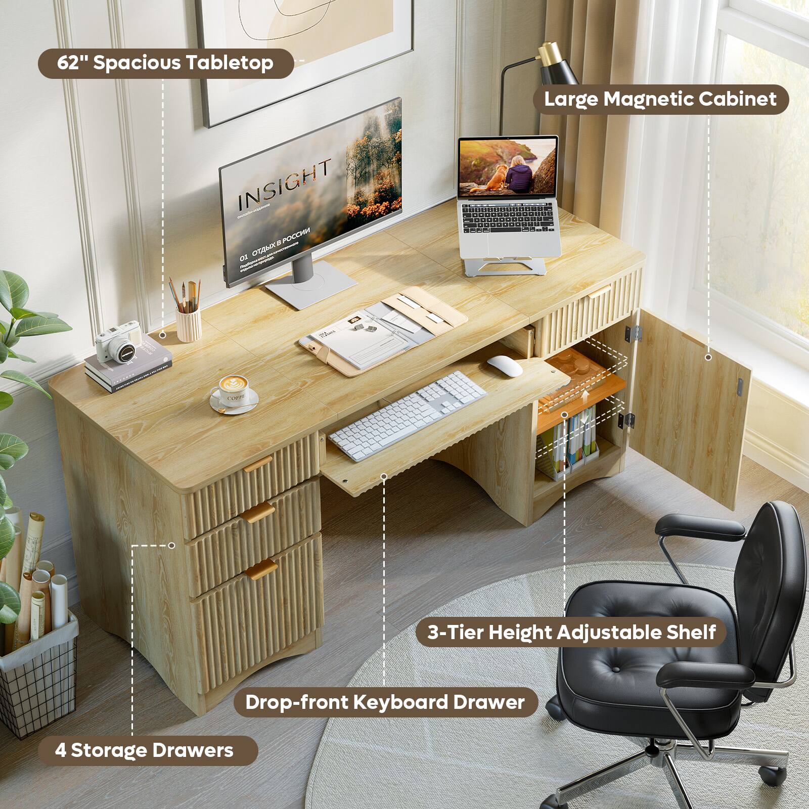 62" Spacious Tabletop Large Magnetic Cabinet INSIGHT. 5 7hu CM 3-Tier Height Adjustable Shelf Drop-front Keyboard Drawer 4 Storage Drawers