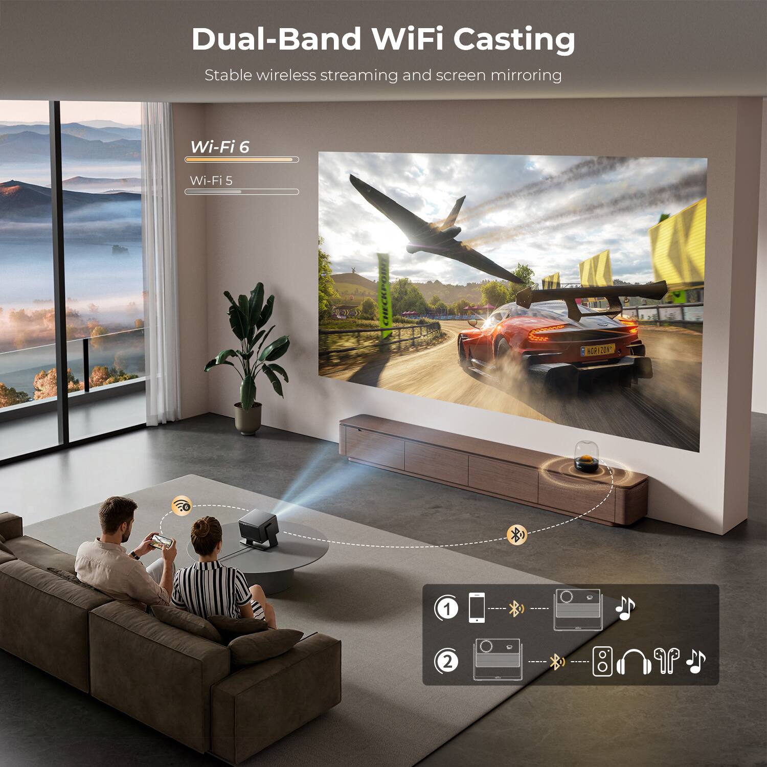 Dual-Band WiFi Casting  
Stable wireless streaming and screen mirroring

Wi-Fi 6  
Wi-Fi 5