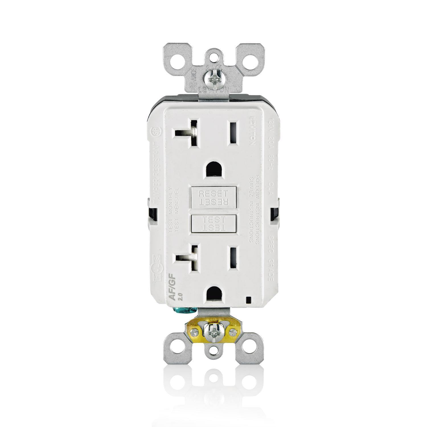 STAN - TAMPER-RESISTANT  
MONTHLY MENSUEL TEST TEST AF/GF 2.0  
DMA RESET RESET TEST TEST  
LEVITON SUIVEZ FOLLOW INSTRUCTIONS INSTRUCTIONS  
125V 20A 60Hz OLA SPEC GRADE