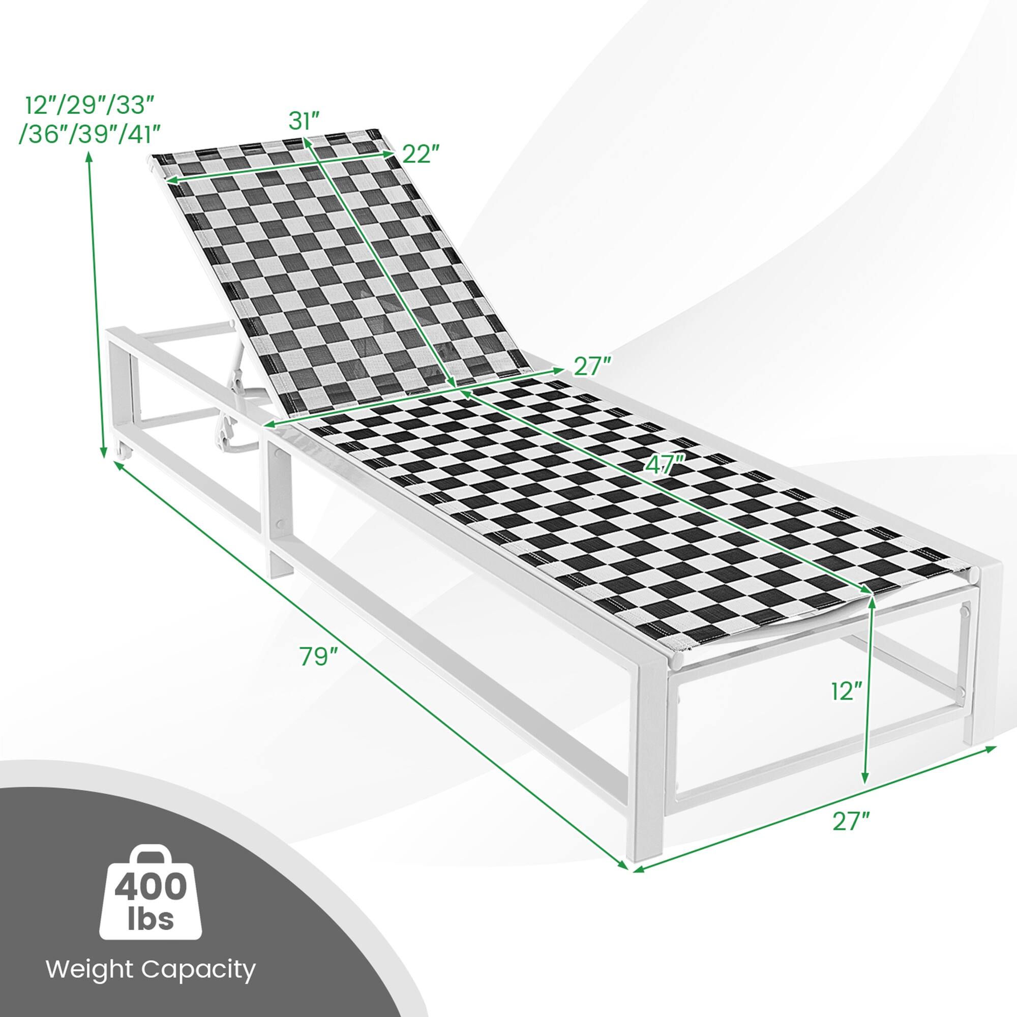12"/29"/33" /36"/39"/41"  
31"  
22"  
27"  
47"  
79"  
12"  
27"  
400 lbs Weight Capacity
