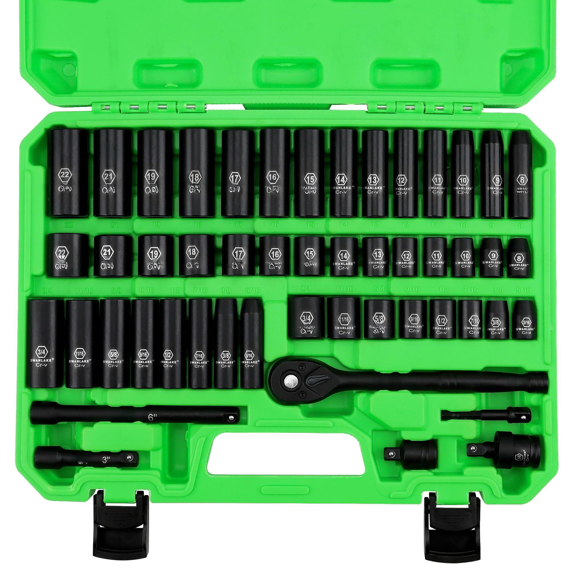 JETRANSPORT - 3/8'' Drive Impact Socket Set 50-piece Standard Sae (5/16 To 3/4 Inch) And Metric (8-22mm) Size 6 Point - 3/8" Drive Impact Socket Set