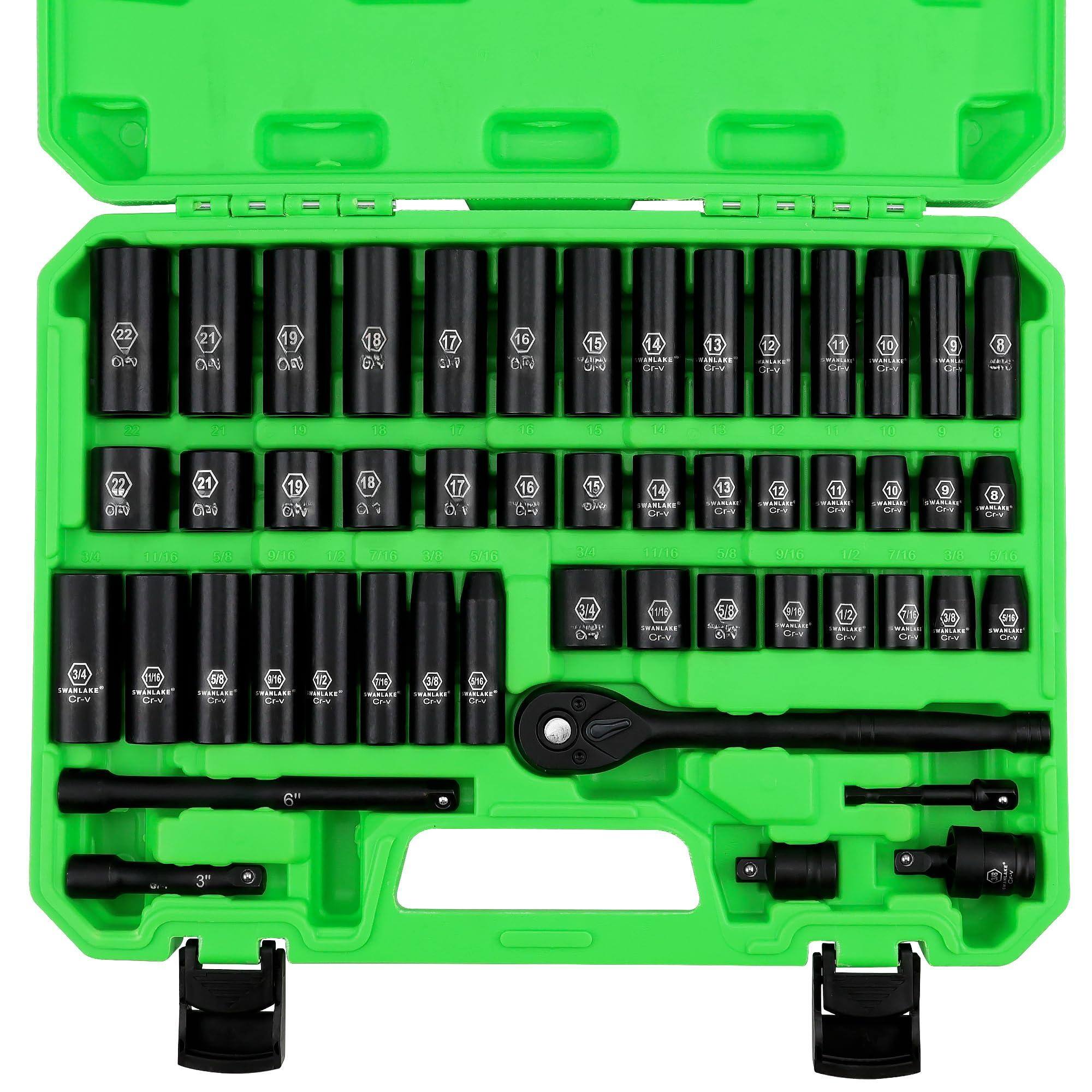 JETRANSPORT - 3/8'' Drive Impact Socket Set 50-piece Standard Sae (5/16 To 3/4 Inch) And Metric (8-22mm) Size 6 Point - 3/8" Drive Impact Socket Set