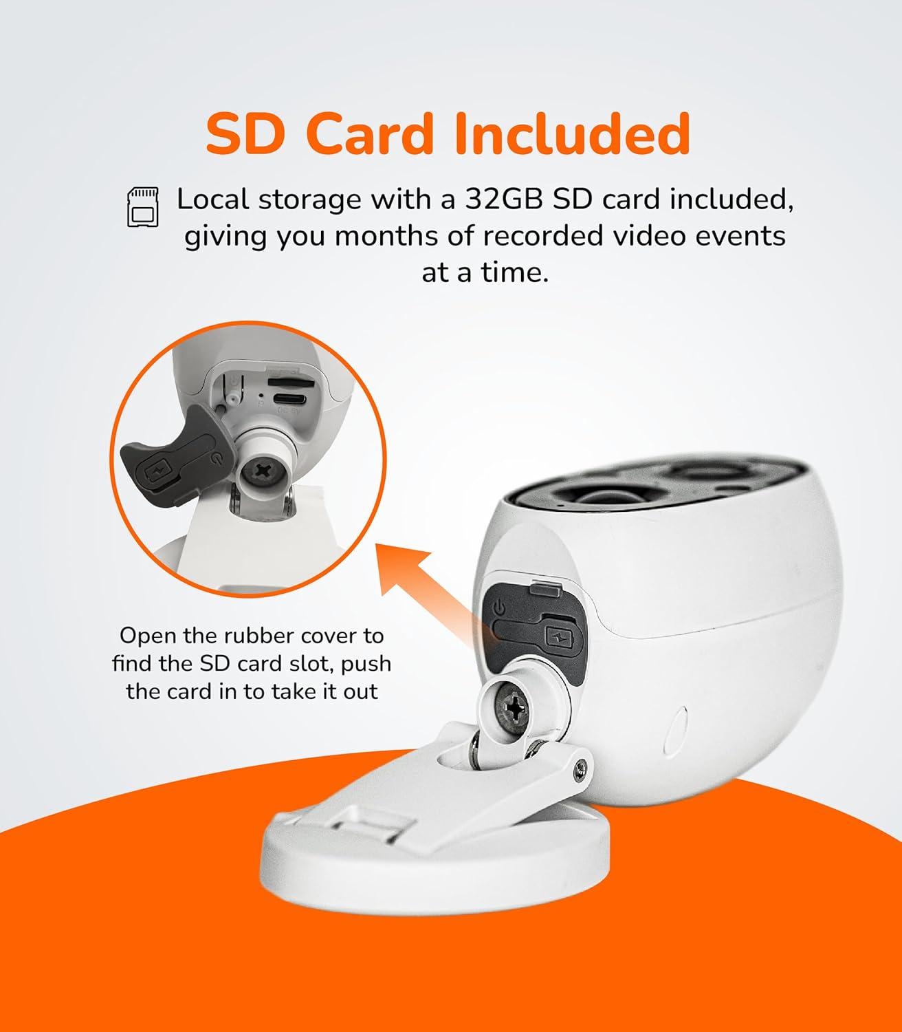 SD Card Included

Local storage with a 32GB SD card included, giving you months of recorded video events at a time.

Open the rubber cover to find the SD card slot, push the card in to take it out.
