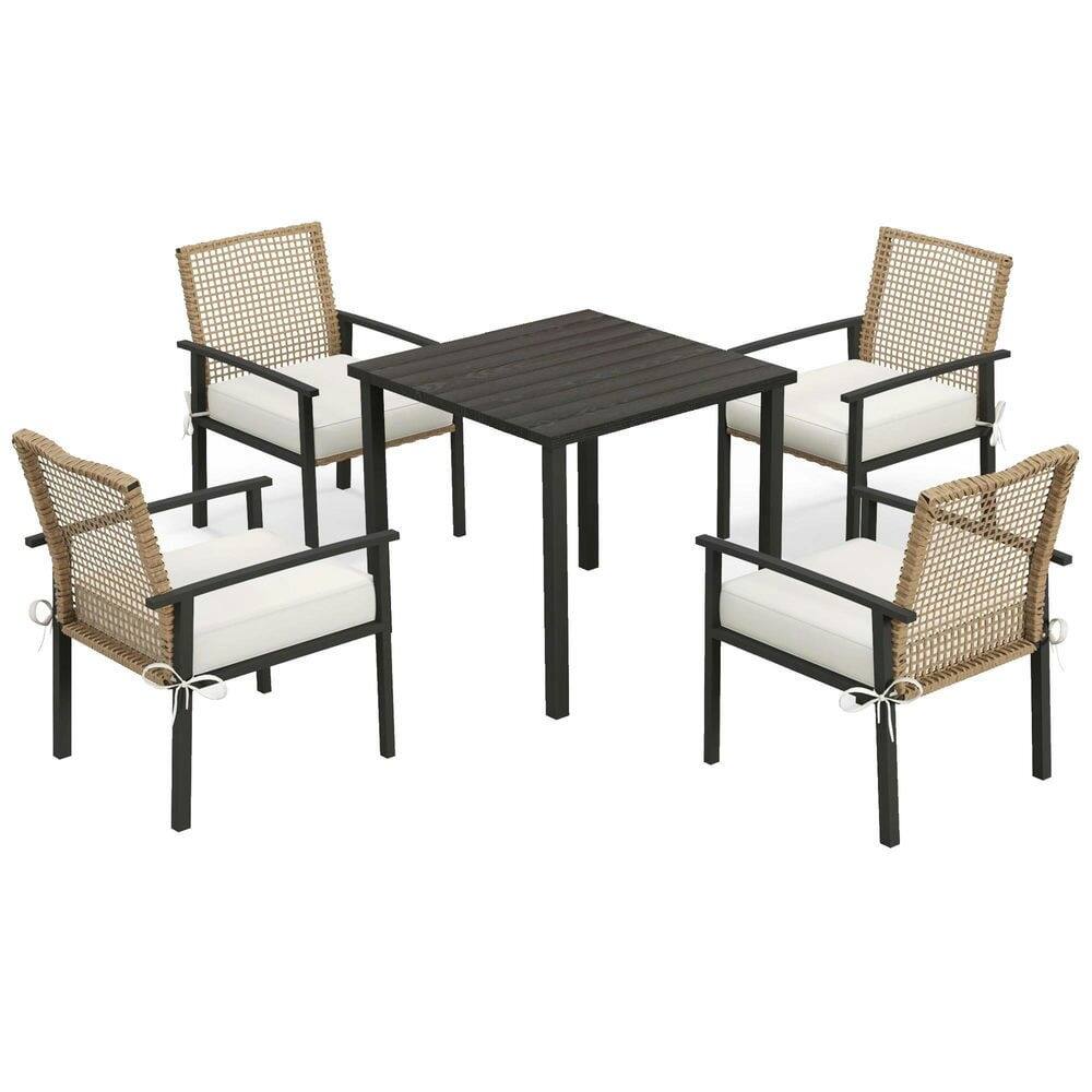 Front. Resenkos - Resenkos 5 Pieces Outdoor Dining Set, Wicker Rattan Patio Furniture Set, Cushions, Beige - Beige.