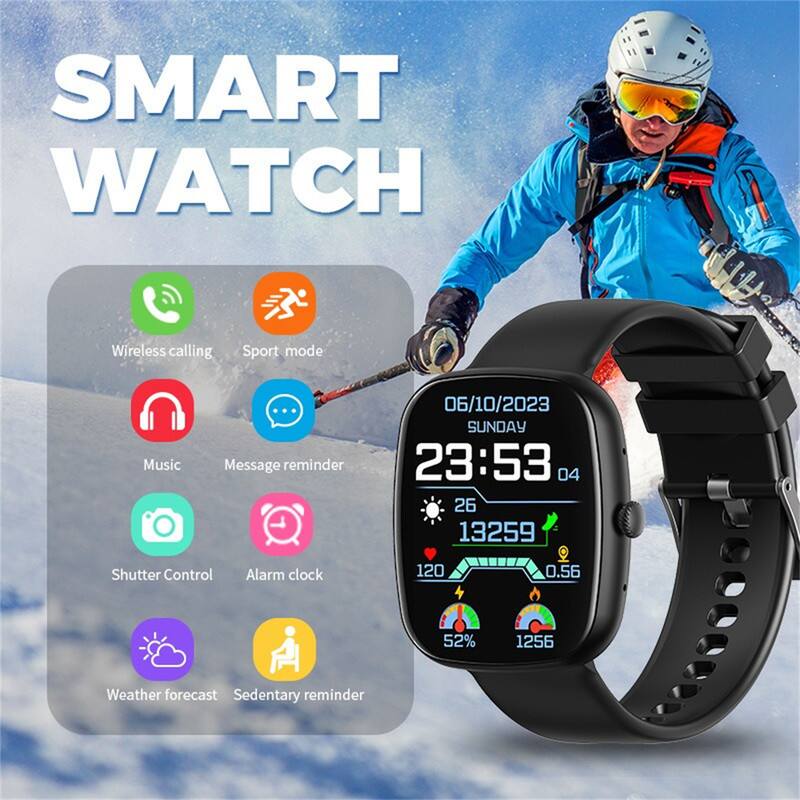 SMART WATCH

Wireless calling  
Sport mode  
Music  
Message reminder  
Shutter Control  
Alarm clock  
Weather forecast  
Sedentary reminder  

06/10/2023  
SUNDAY  
23:53  
04  
26  
13259  
120  
0.56  
52%  
1256