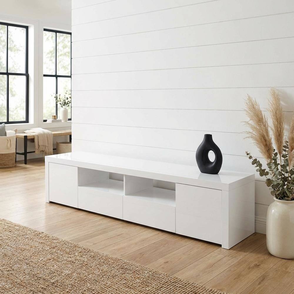 Alt View 1. FurniFact - White high gloss engineered wood TV stand with 2 doors and contemporary design - White.