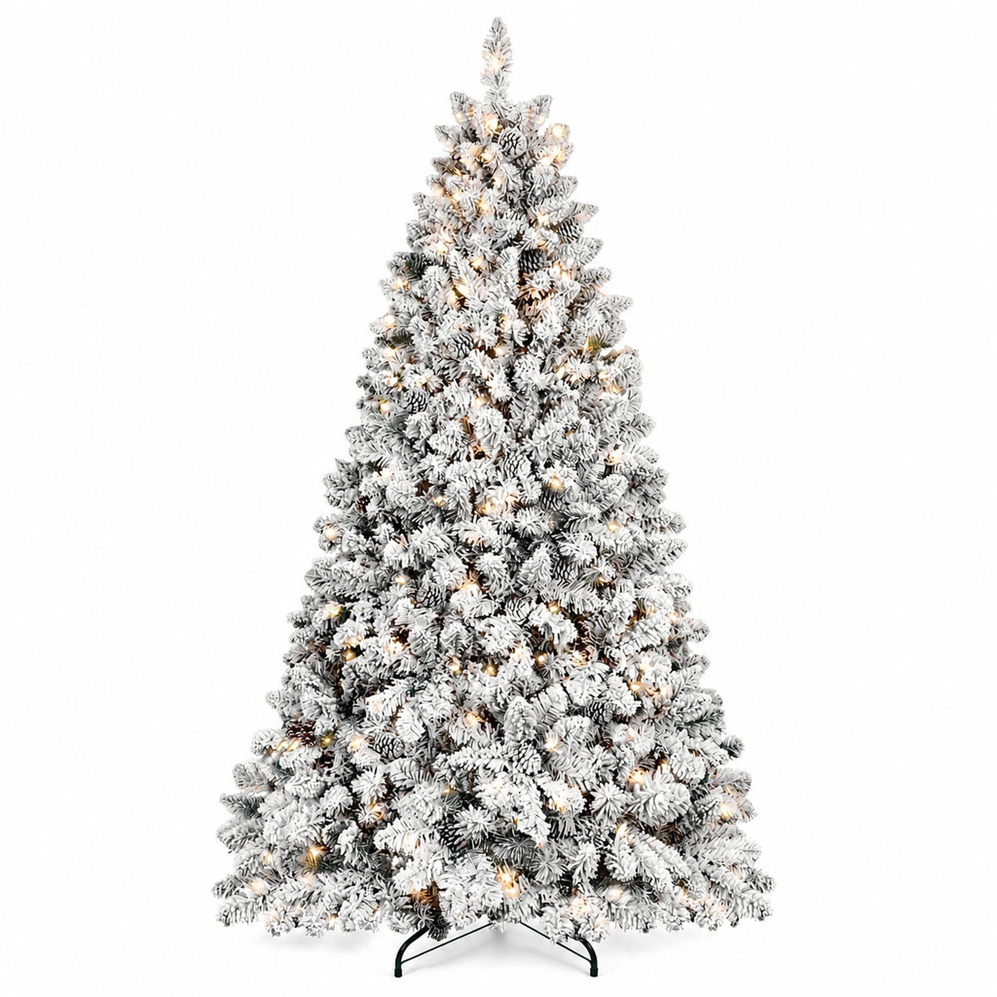 Front. RYHNUYNE - 6FT Flocked Pre-Lit Christmas Tree, 350 Lights 35 Natural Pine Cones 888 Snowy PVC Tips Hinged Structure Easy Setup - Green,White.