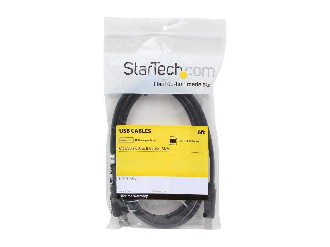 StarTech.com  
Hard-to-find made easy!  

USB CABLES  
6ft USB A (4 pin) Male to USB B (4 pin) Male  
6ft USB 2.0 A to B Cable - M/M  
USB2HAB6  
MADE IN CHINA  
Lifetime Warranty