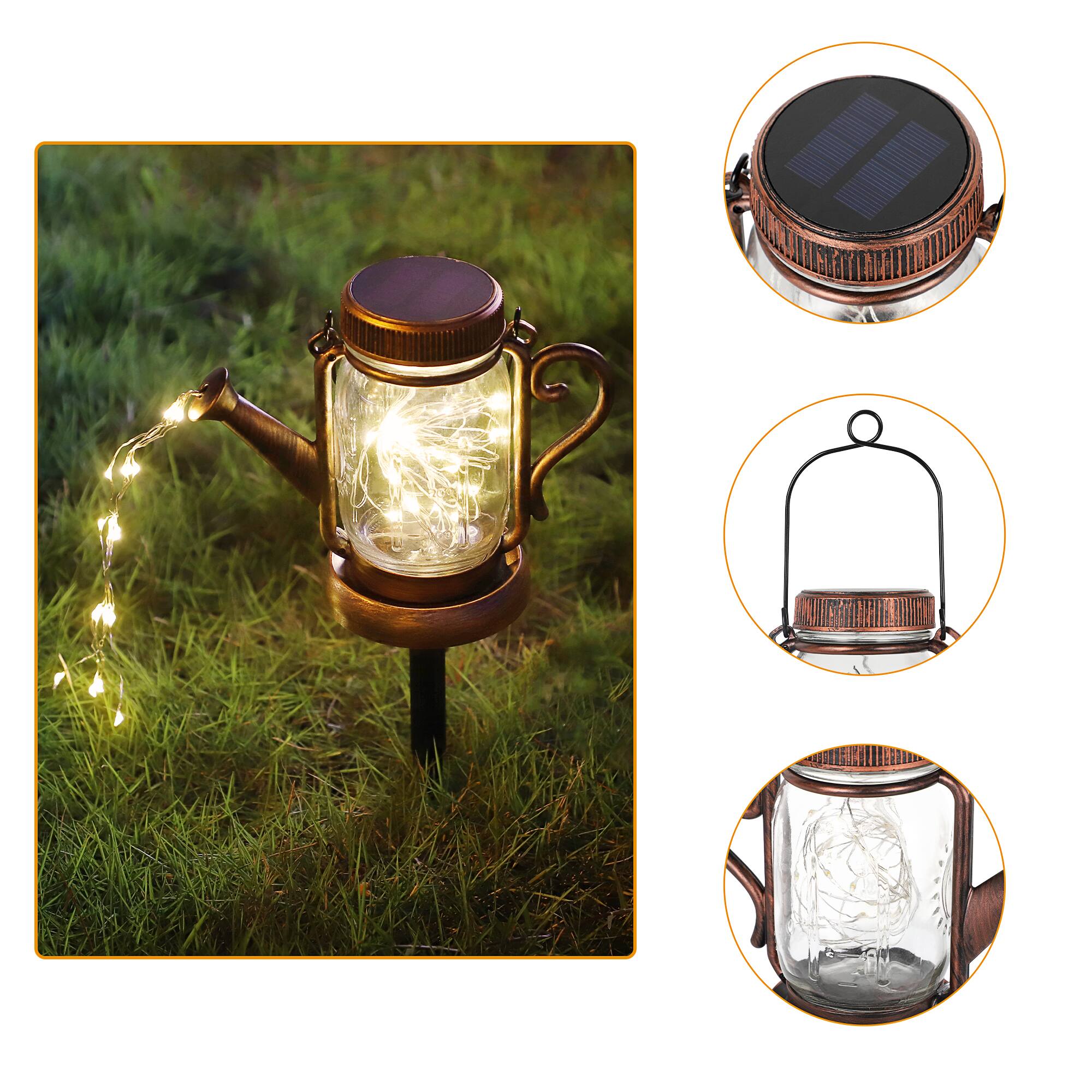 Left. Oumilen - 2-in-1 Solar Watering Can Fairy Lights – Warm White Waterfall String Light, IP44 Waterproof for Yard Garden.