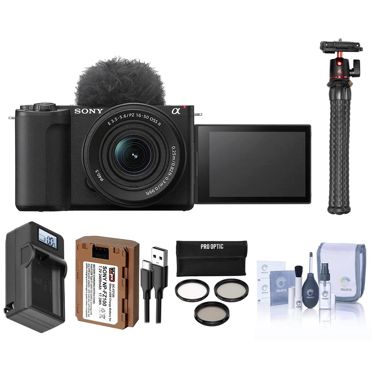 SONY E 3.5-5.6/PZ 16-50 OSS II 40.5 mm to 16-50mm 0.3 0.25m/0.82ft-∞ 0 m/∞' nothing_to_tnscribe EET 7.2V SONY Vipre 1 2400mA NP NP-FZ100 REDN 0012800 17.3W Charge PRO OPTIC