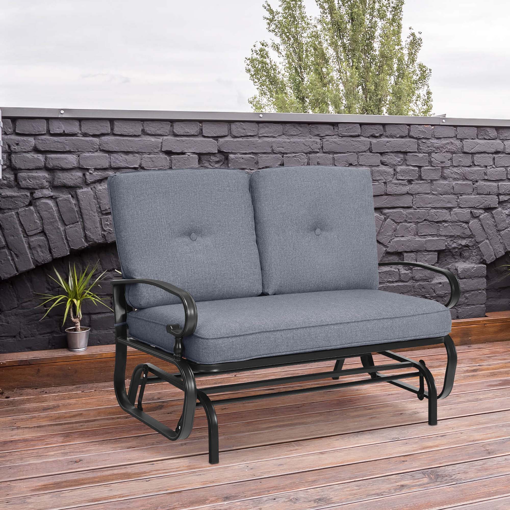 Alt View 1. Costway - Glider Outdoor Patio Rocking Bench Loveseat Cushioned Seat Steel Frame - Grey.