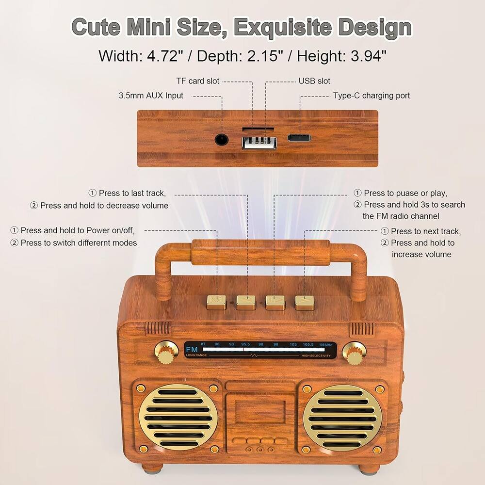 Cute Mini Size, Exquisite Design  
Width: 4.72" / Depth: 2.15" / Height: 3.94"  

- TF card slot  
- 3.5mm AUX Input  
- USB slot  
- Type-C charging port  

1. Press to last track,  
   2. Press and hold to decrease volume  

1. Press and hold to Power on/off,  
   2. Press to switch different modes  

1. Press to pause or play,  
   2. Press and hold 3s to search the FM radio channel  

1. Press to next track,  
   2. Press and hold to increase volume  

BF FM  
RANSE S  
90.8  
103  
185.5  
T1