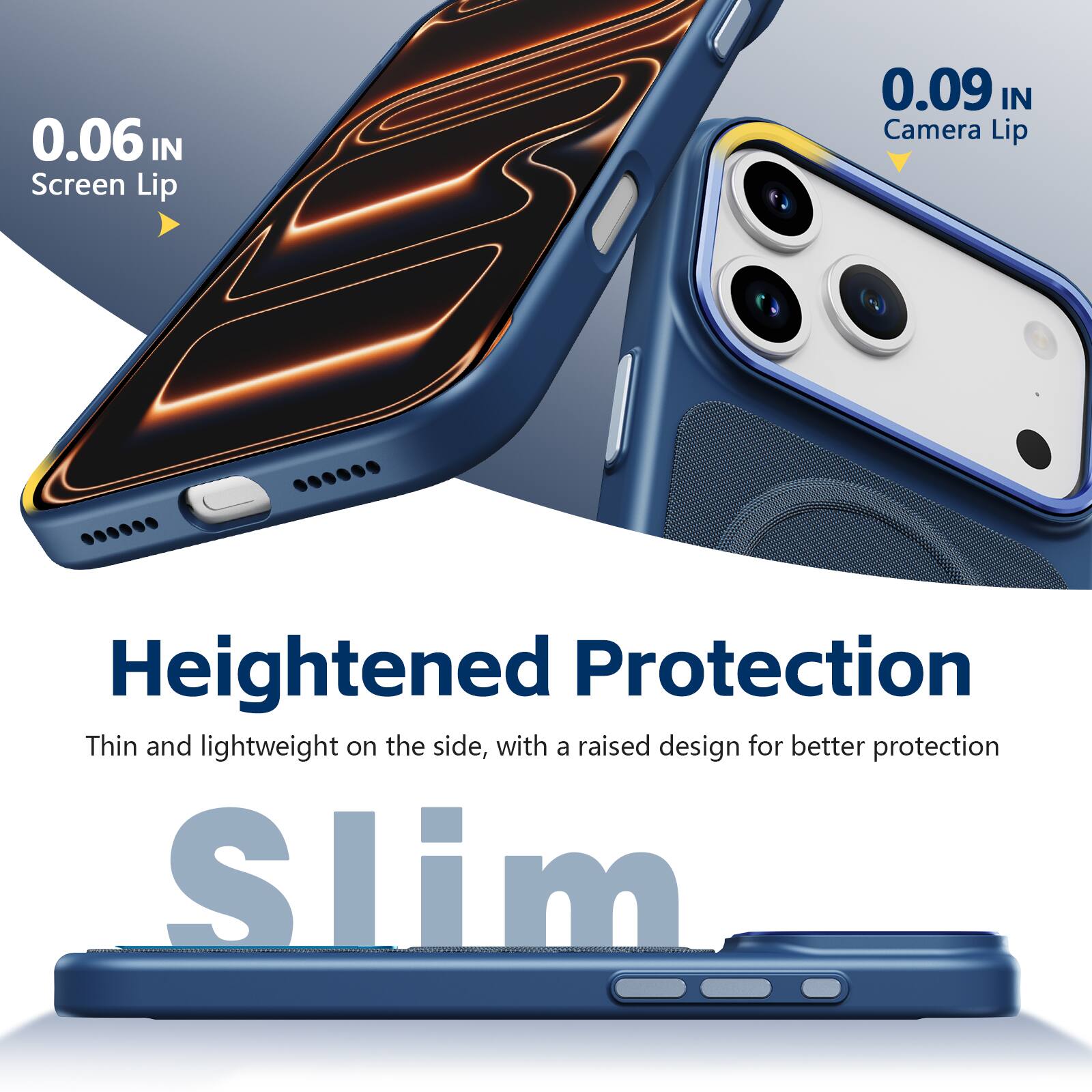 0.06 IN Screen Lip  
0.09 IN Camera Lip  
Heightened Protection  
Thin and lightweight on the side, with a raised design for better protection  
Slim