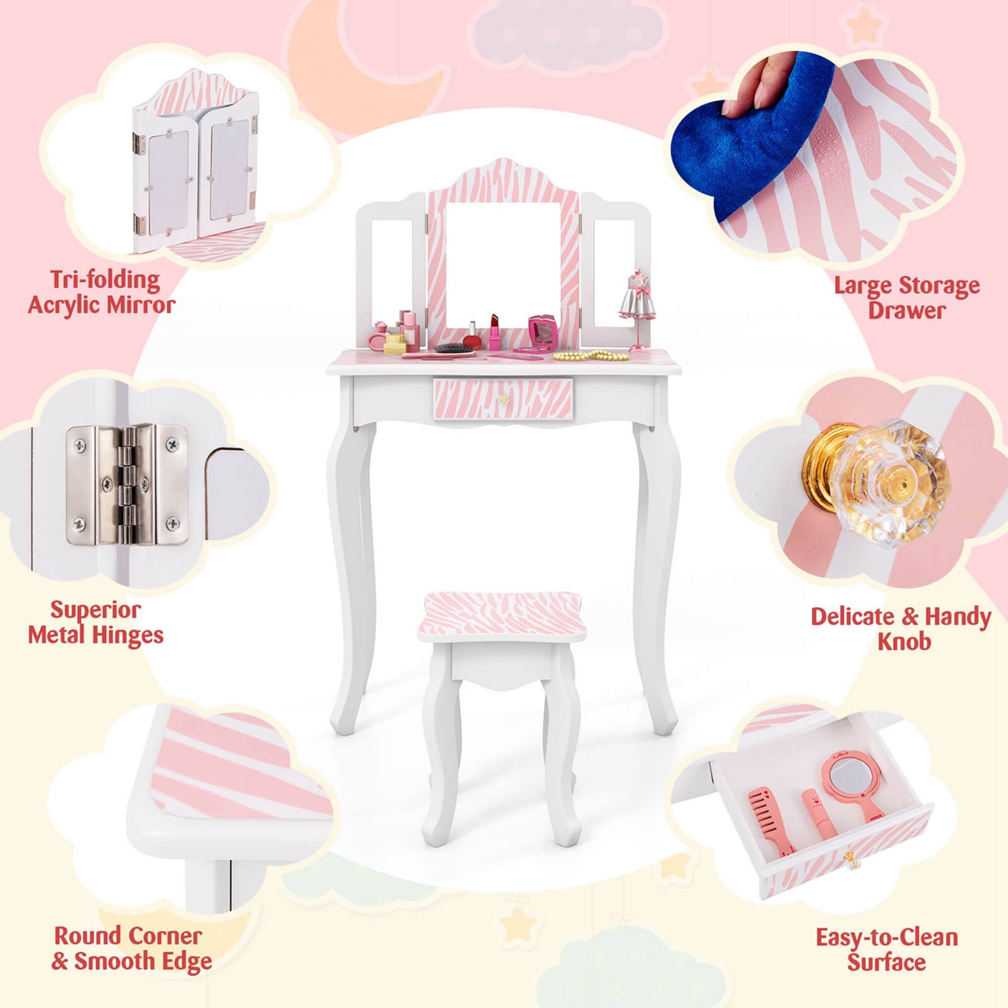 Costway Kids Vanity Set Toddler Makeup Table & Stool with Tri folding ...