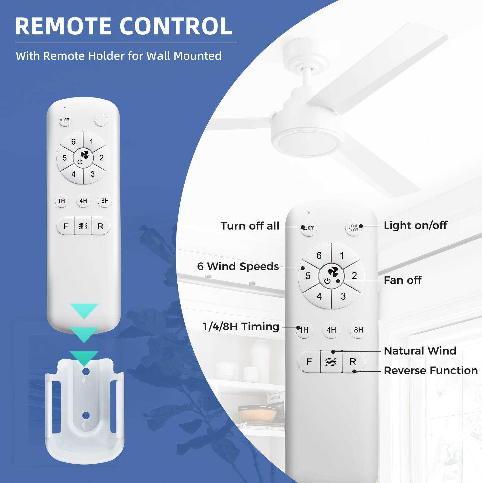REMOTE CONTROL  
With Remote Holder for Wall Mounted  

- Turn off all  
- Light on/off  
- 6 Wind Speeds  
- 1/4/8H Timing  
- Natural Wind Reverse Function  

Buttons:  
- 1H, 4H, 8H  
- F, R  
- 1, 2, 3, 4, 5, 6  
- Fan off  
- Light on/off