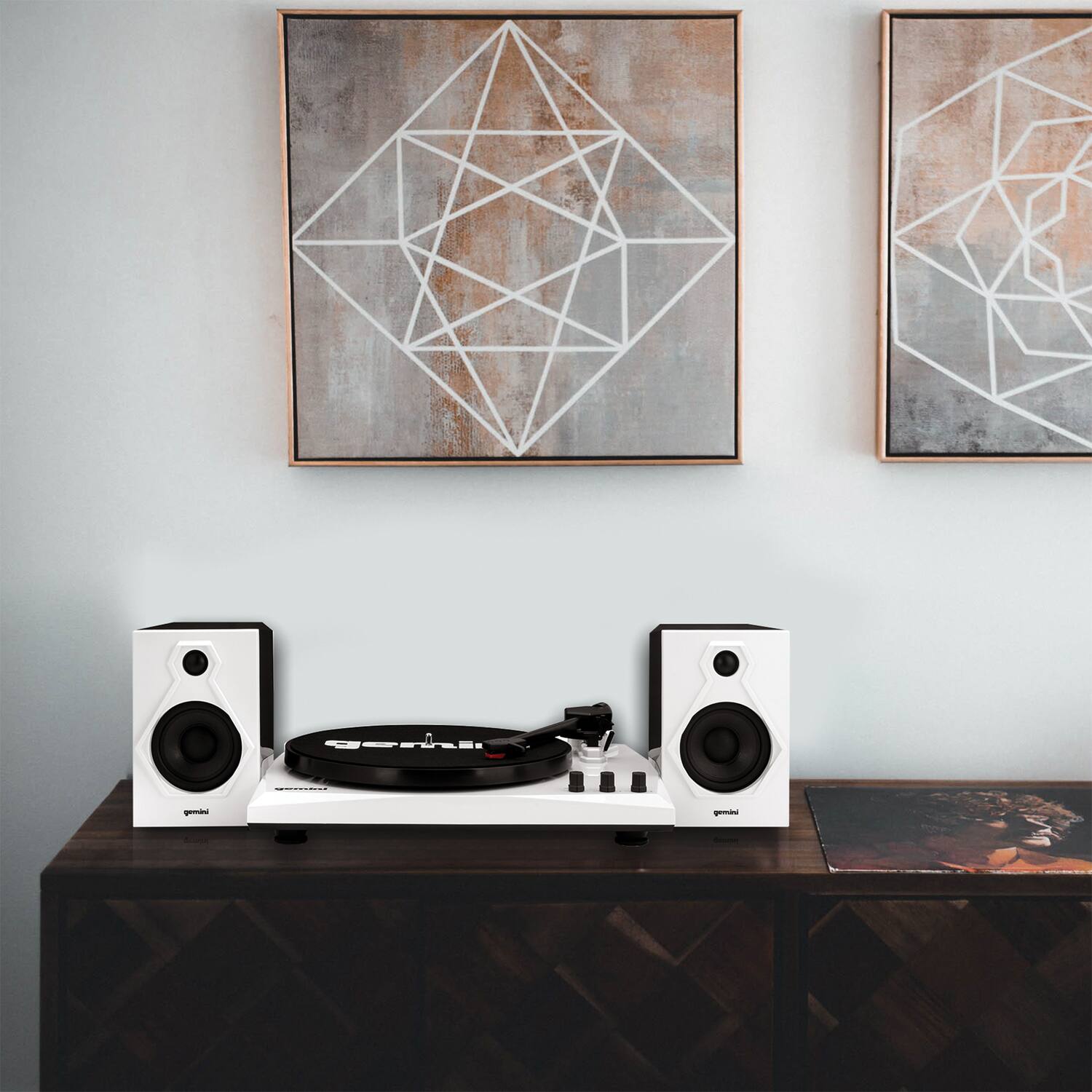 Angle. Gemini - 60W 3-Speed Belt-Drive Manual Suitcase Turntable, Bluetooth, External Speakers, 45 RPM, TT-900B - White.