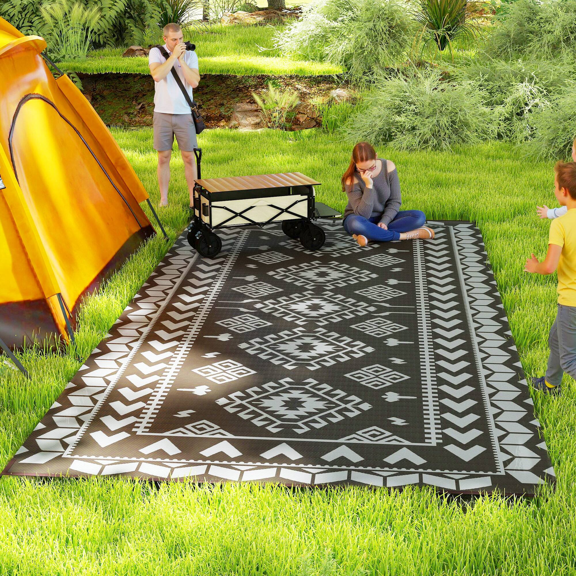 Alt View 1. Outsunny - Outdoor Rug for Patio, 9' x 18' Waterproof Large Mat, Reversible Plastic Straw Rug for Décor - Black and Gray Rhombus Patchwork.