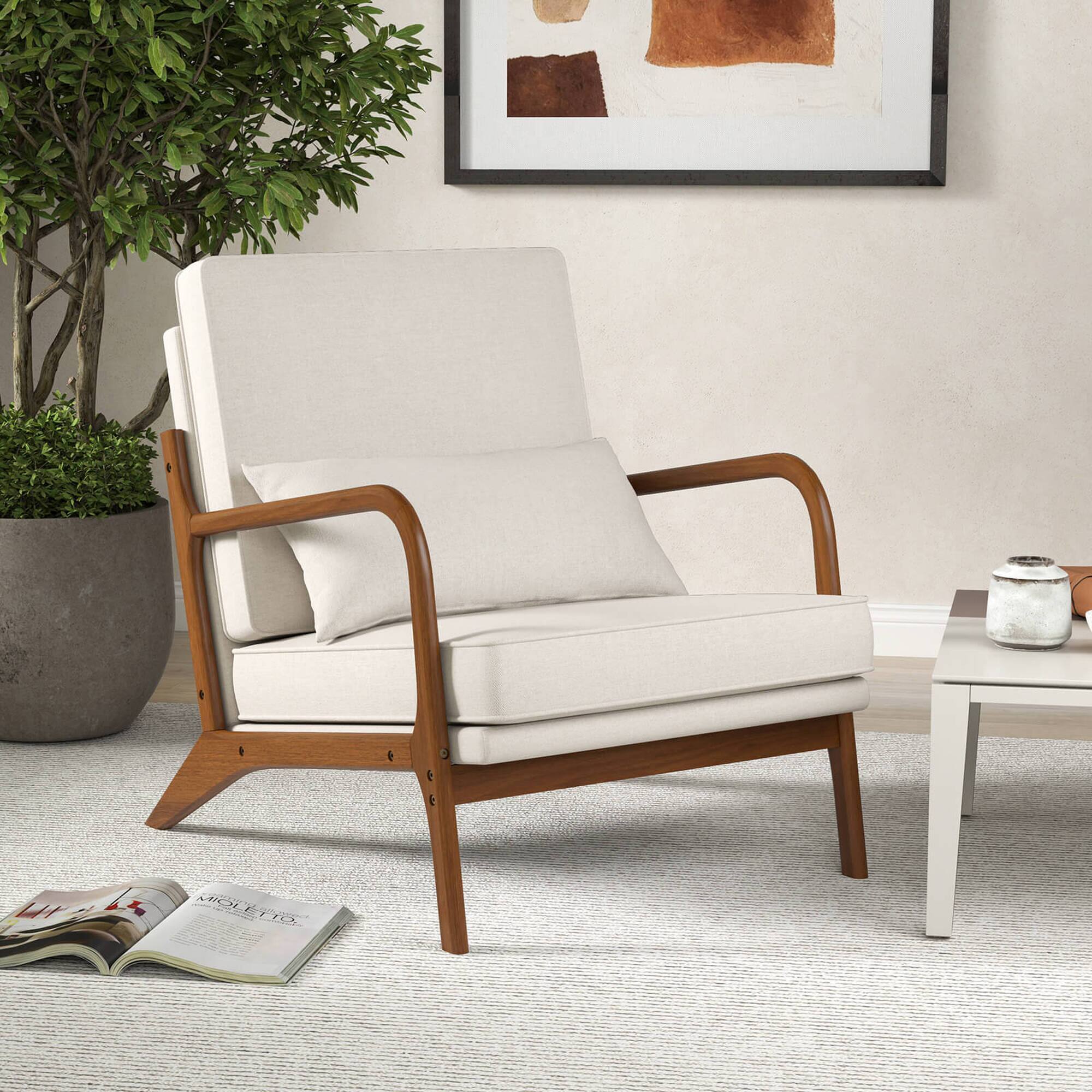 Alt View 1. Costway - Costway 1 PCS Modern Accent Chair Upholstered Leisure Armchair with Rubber Wood Armrests & Legs - Beige.