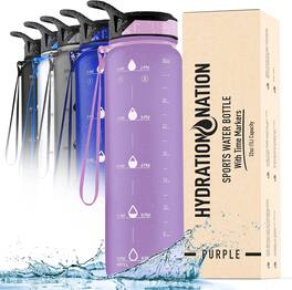 Zulay Kitchen - 32oz Water Bottle With Time Marker - Leak Proof Water Bottles With Times To Drink By Hydration Nation - Purple