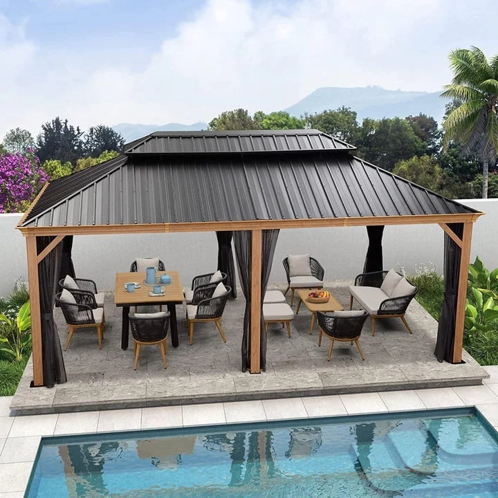 PURPLE LEAF - Hardtop Outdoor Wood Grain Aluminum Gazebo with Double Roof for Patio Lawn and Garden, Netting Included - 12' X 20'