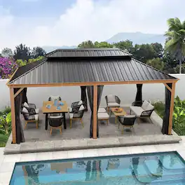 PURPLE LEAF - Hardtop Outdoor Wood Grain Aluminum Gazebo with Double Roof for Patio Lawn and Garden, Netting Included - 12' X 20'