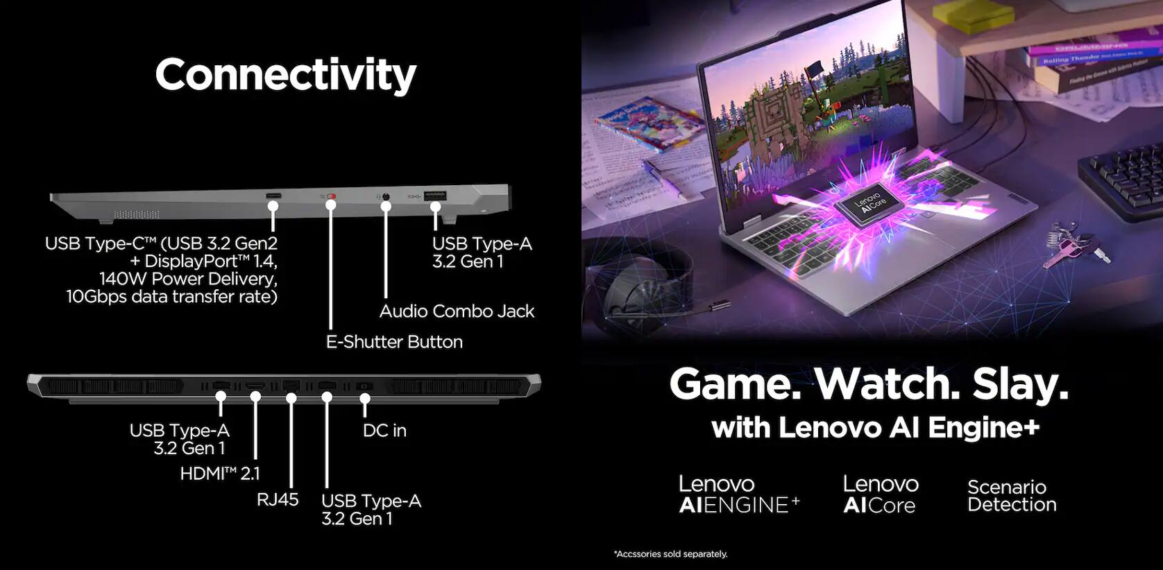 Connectivity  
- USB Type-C™ (USB 3.2 Gen2 + DisplayPort™ 1.4, 140W Power Delivery, 10Gbps data transfer rate)  
- USB Type-A 3.2 Gen 1  
- Audio Combo Jack  
- E-Shutter Button  
- USB Type-A 3.2 Gen 1  
- HDMI™ 2.1  
- RJ45  
- USB Type-A 3.2 Gen 1  

Game. Watch. Slay. with Lenovo AI Engine+  
- Lenovo AIENGINE+  
- Lenovo AI Core  
- Scenario Detection  

*Accessories sold separately.