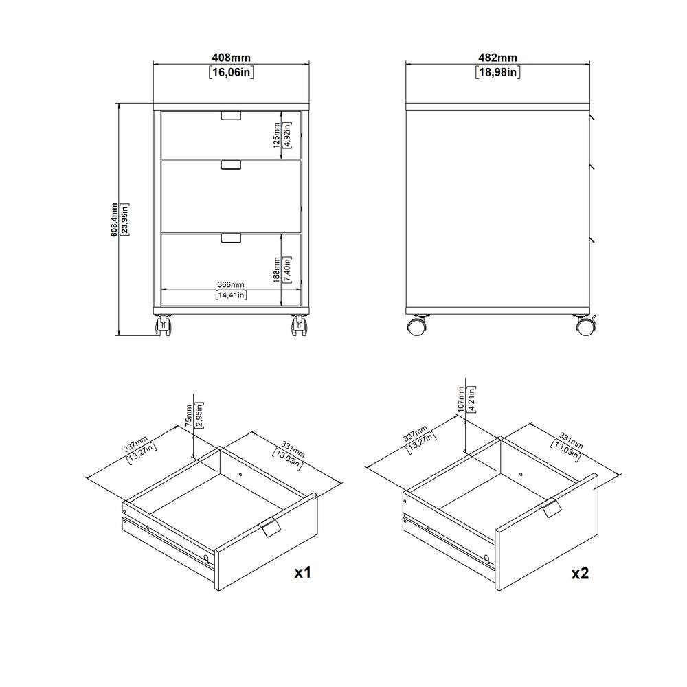 408mm [16.06in]  
482mm [18.98in]  
125mm [4.92in]  
4mm [0.16in]  
608mm [23.95in]  
366mm [14.41in]  
188mm [7.40in]  
337mm [13.27in]  
75mm [2.95in]  
1303mm [51.3in]  
331mm [13.03in]  
107mm [4.21in]  
x1  
x2