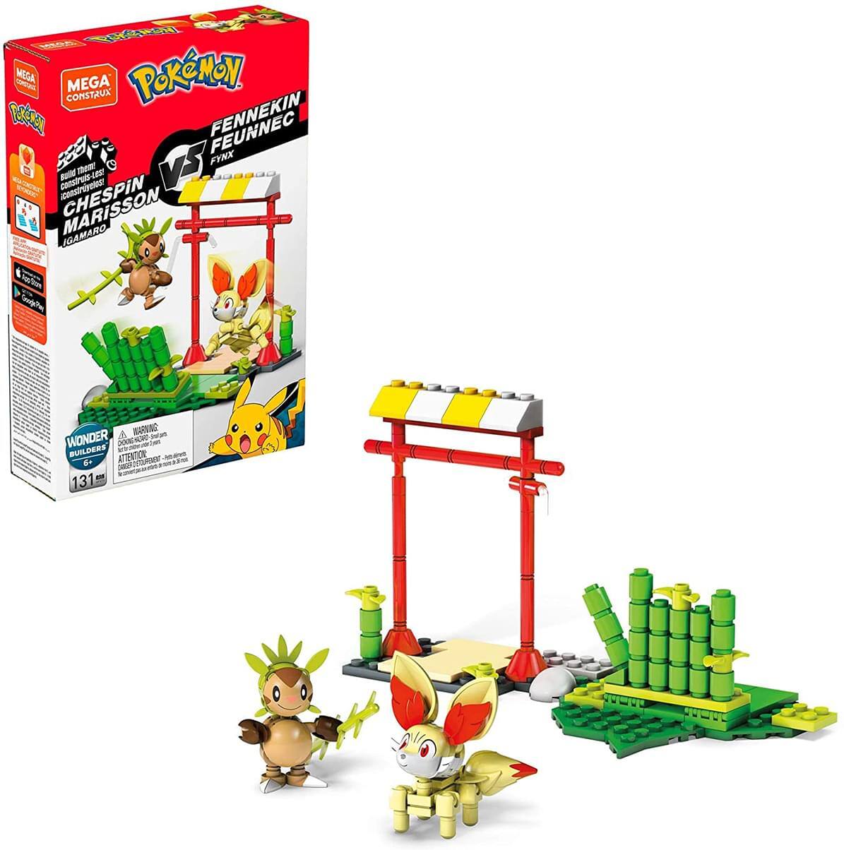 Mega Construx  
Pokémon  
Fennekin vs Chespin  
Fennec vs Marisson  
Build them, construct them, play with them!  
Wonder Builders  
6+  
131 pieces  
Warning: Choking Hazard - Small parts. Not for children under 3 years.  
Attention: Pequeños objetos. No apto para menores de 3 años.