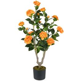 Costway - 1 PCS 36" Artificial Camellia Tree Fake Potted Tree Greenery Floral Plant Modern - Orange