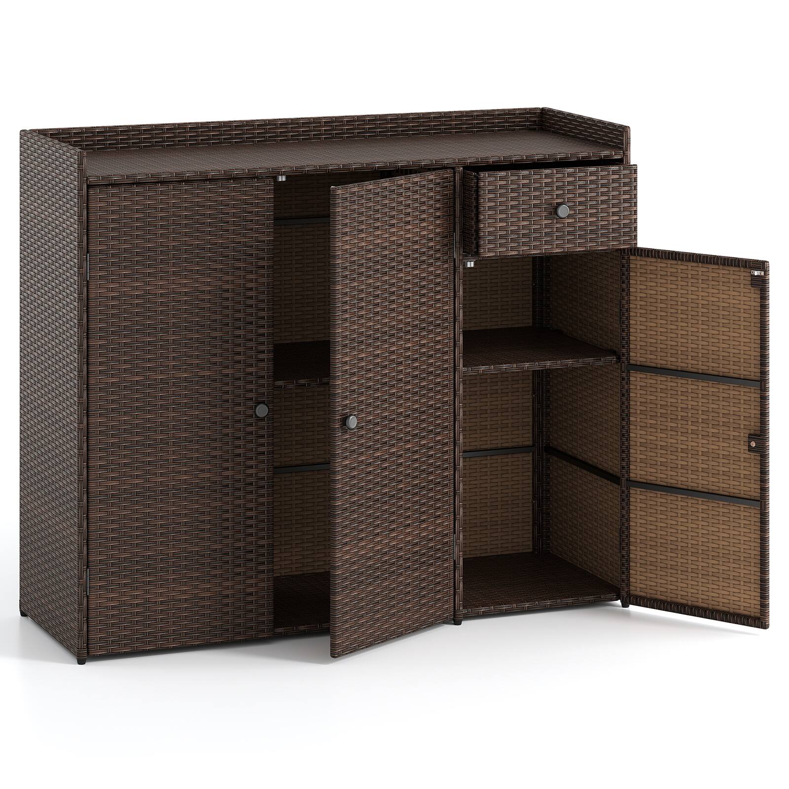 Left. WELLFOR - Outdoor PE Wicker Storage Cabinet with 3 Doors for Deck - Brown.