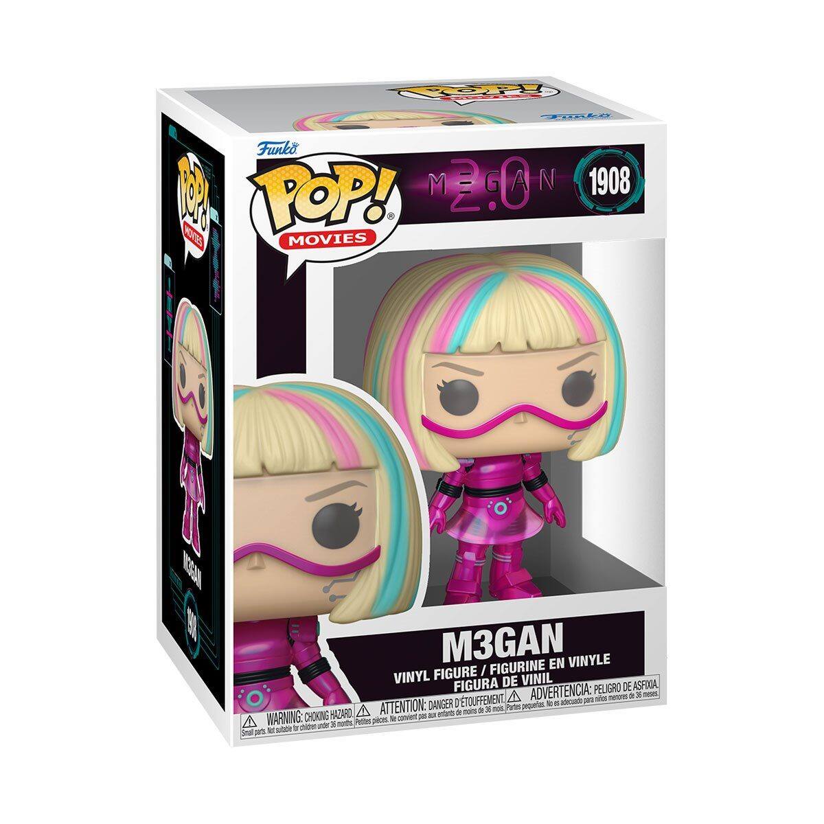 Sure, here is the corrected and grouped text from the image:

---

**Funko POP! MOVIES**

**M3GAN**

**VINYL FIGURE / FIGURINE EN VINYLE / FIGURA DE VINIL**

**WARNING: CHOKING HAZARD - Small parts. Not for children under 3 years.**

**ADVERTENCIA: PELIGRO DE ASFIXIA - Piezas pequeñas. No es adecuado para menores de 3 años.**

**ATTENTION: DANGER - Petits pièces. Ne convient pas aux enfants de moins de 3 ans.**

**1908**

**M3GAN**

**VINYL FIGURE / FIGURINE EN VINYLE / FIGURA DE VINIL**

**WARNING: CHOKING HAZARD - Small parts. Not for children under 3 years.**

**ADVERTENCIA: PELIGRO DE ASFIXIA - Piezas pequeñas. No es adecuado para menores de 3 años.**

**ATTENTION: DANGER - Petits pièces. Ne convient pas aux enfants de moins de 3 ans.**

---