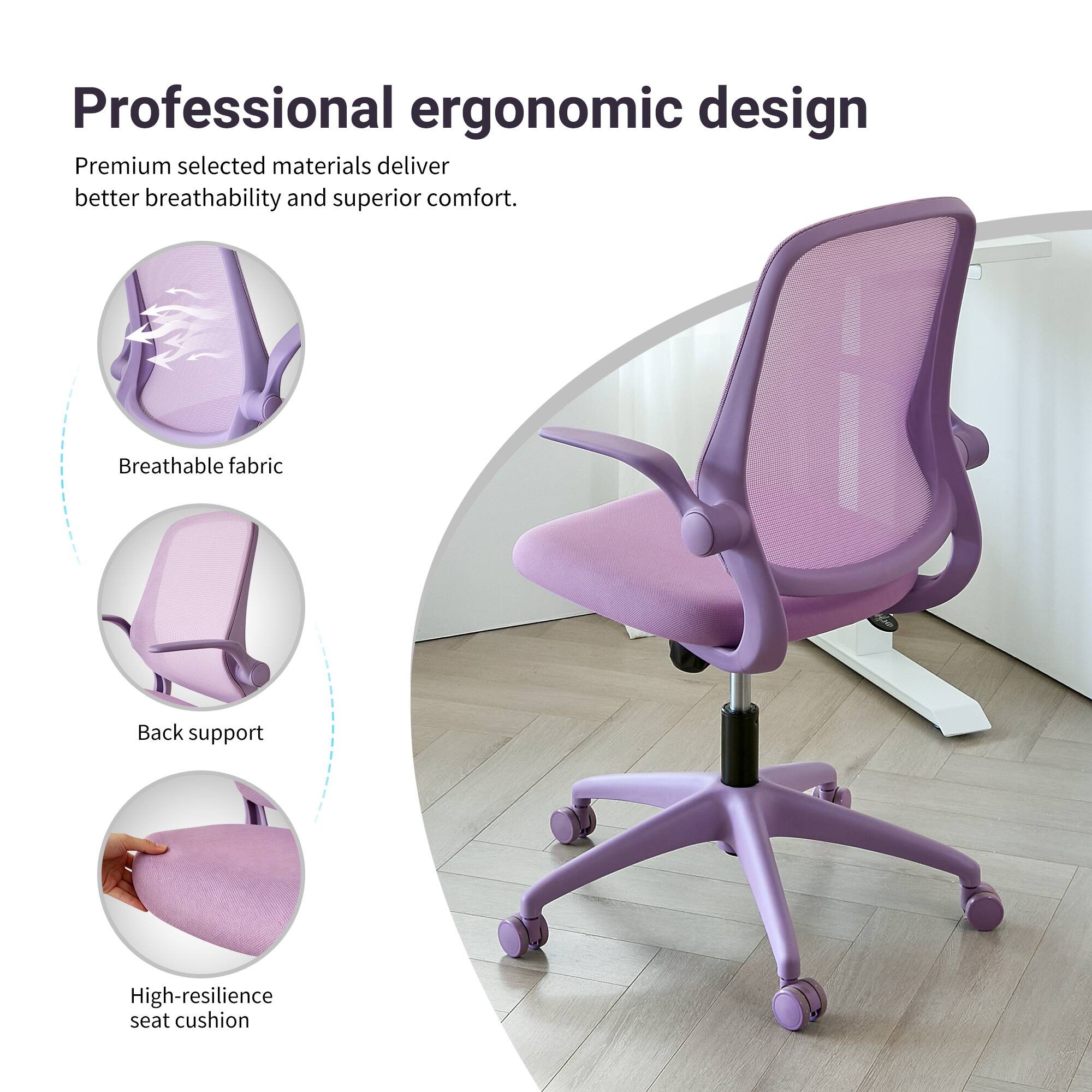 Professional ergonomic design

Premium selected materials deliver better breathability and superior comfort.

- Breathable fabric
- Back support
- High-resilience seat cushion