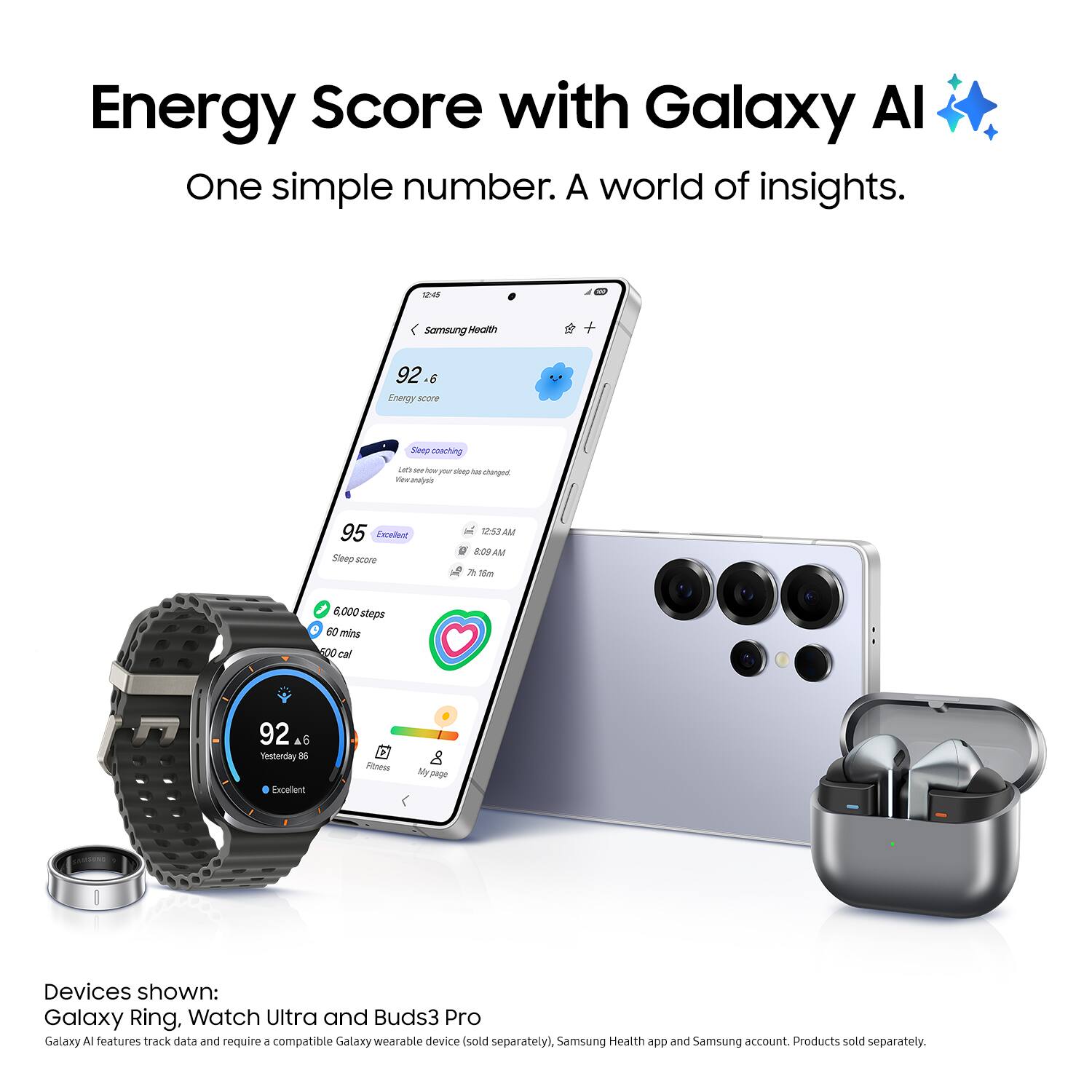 Energy Score with Galaxy Al: One simple number. A world of insights.

Samsung Galaxy Al features track data and requires a compatible Galaxy wearable device (sold separately), Samsung Health app, and Samsung account. Products sold separately.