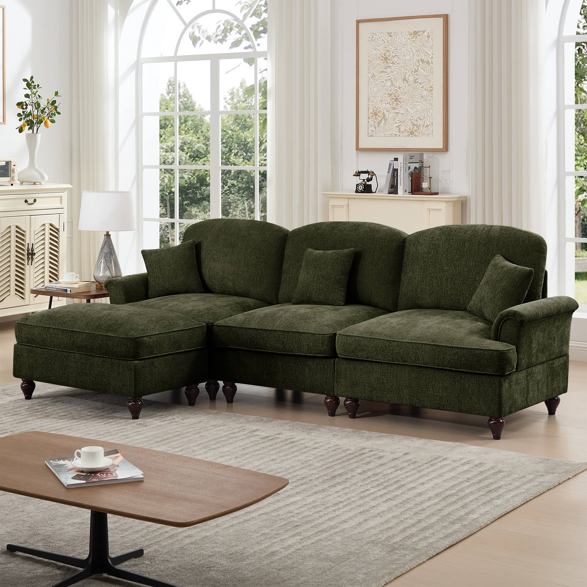 Angle. Anysun - Mid-Century L-Shape Chenille Sectional with Ottoman - Flared Arms, Ruffled Skirt & Spindle Legs - Green.