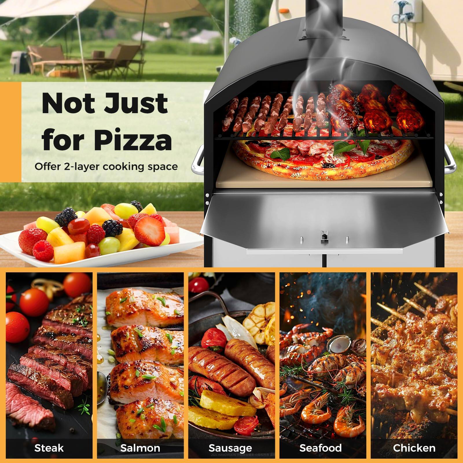 Not Just for Pizza  
Offer 2-layer cooking space  

Steak  
Salmon  
Sausage  
Seafood  
Chicken