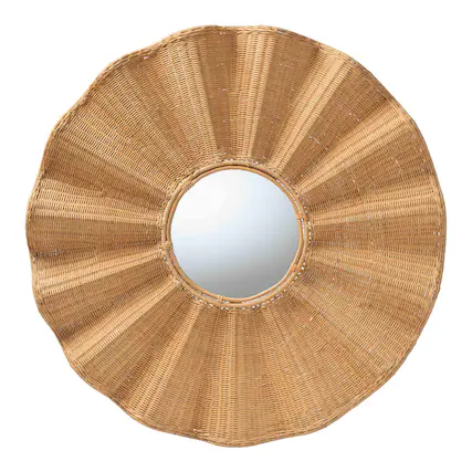 Front. bali & pari - Palm Scalloped Rattan Wall Mirror - Handwoven Wicker Round Accent Mirror, Boho Decorative Wall Art - Light Honey.