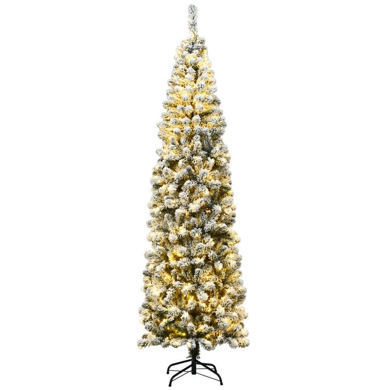 WELLFOR - 7.5ft Prelit Snow Flocked Artificial Pencil Christmas Tree with Warm White Lights, 641 Full Branch Tips - Green