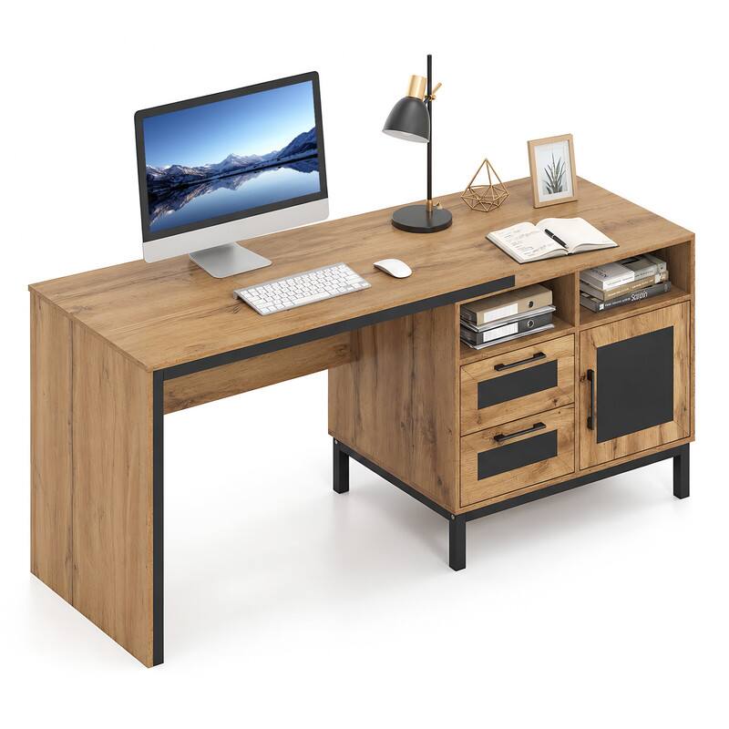 Left. WELLFOR - 71" Computer Desk with Drawers &  Cabinet, Modern Large Executive Desk, Wood Writing Desk for Home Office - Natural.