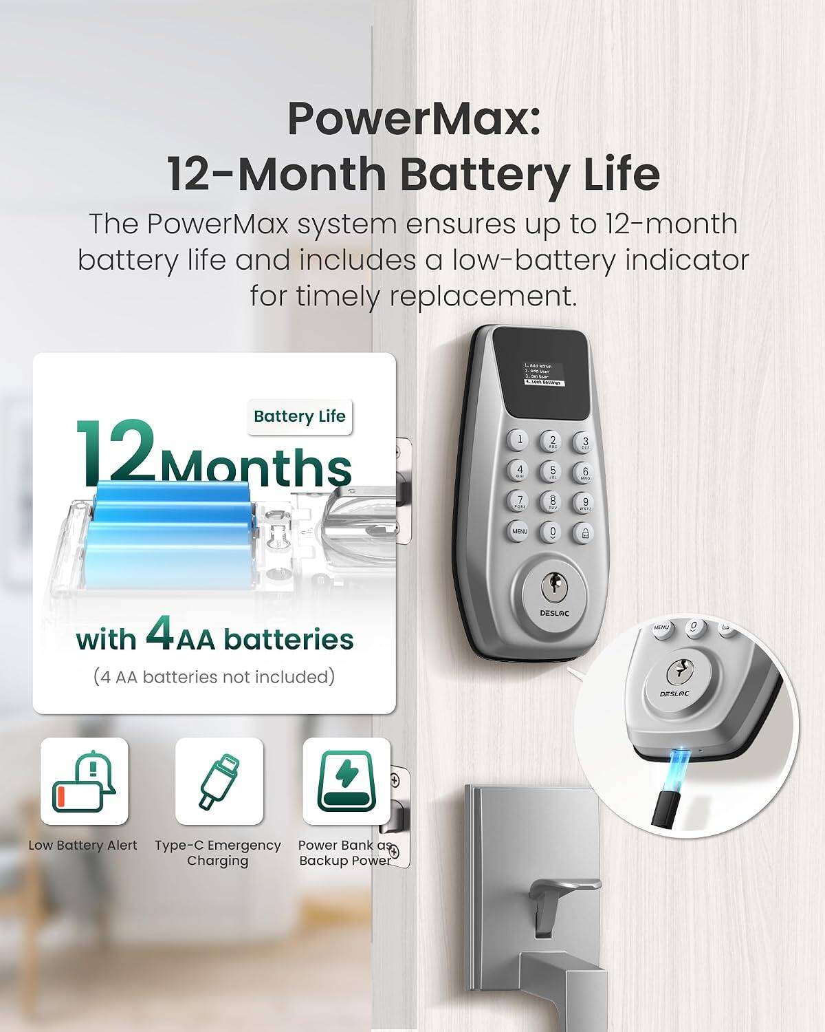 PowerMax: 12-Month Battery Life

The PowerMax system ensures up to 12-month battery life and includes a low-battery indicator for timely replacement.

Battery Life: 12 Months

with 4AA batteries (4 AA batteries not included)

Low Battery Alert
Type-C Emergency Charging
Power Bank as Backup Power