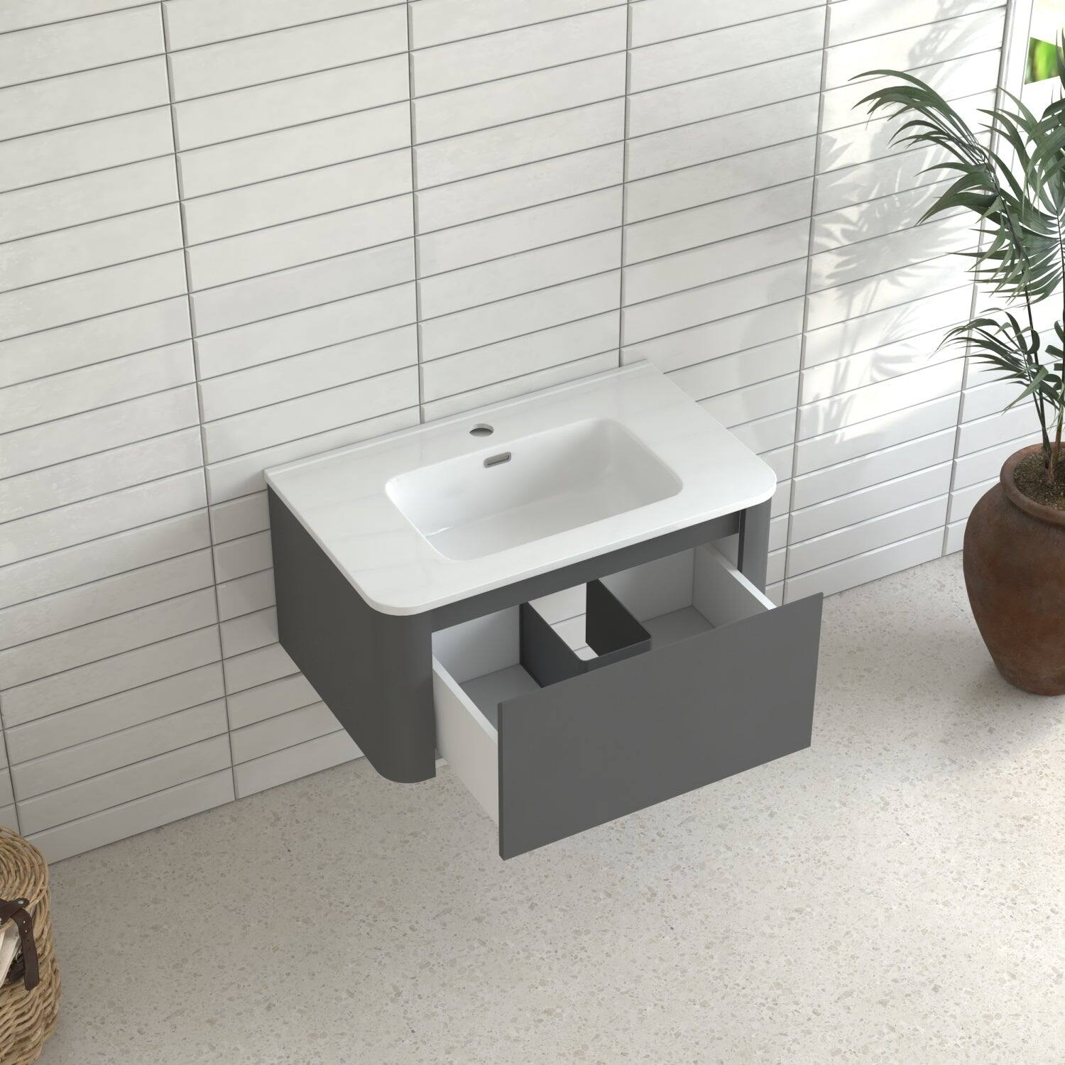 Left. Boyel Living - 30 in Grey Wall-Mounted Bathroom Vanity with Soft-Close Drawer Ceramic Integrated Basin PET Waterproof Finish - Gray.