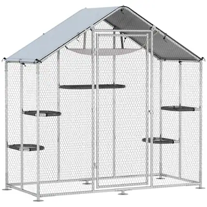 Front. Pawhut - Catio Outdoor Cat Enclosure with Waterproof Cover - Silver.