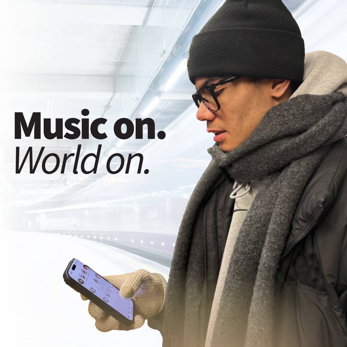 Music on.  
World on.