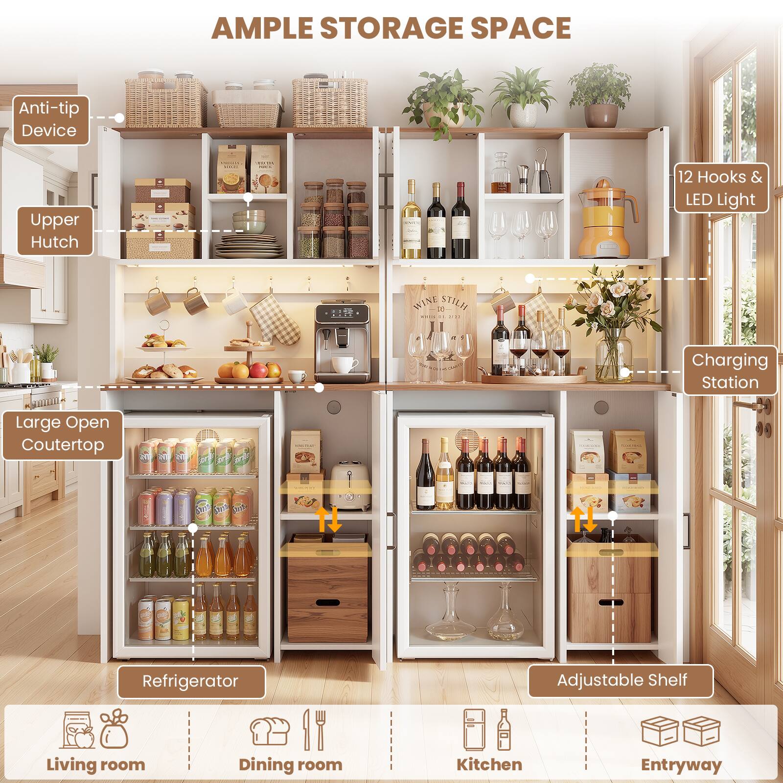 AMPLE STORAGE SPACE

- Anti-tip Device
- Upper Hutch
- 12 Hooks & LED Light
- Large Open Countertop
- Charging Station
- Refrigerator
- Adjustable Shelf

Living room | Dining room | Kitchen | Entryway