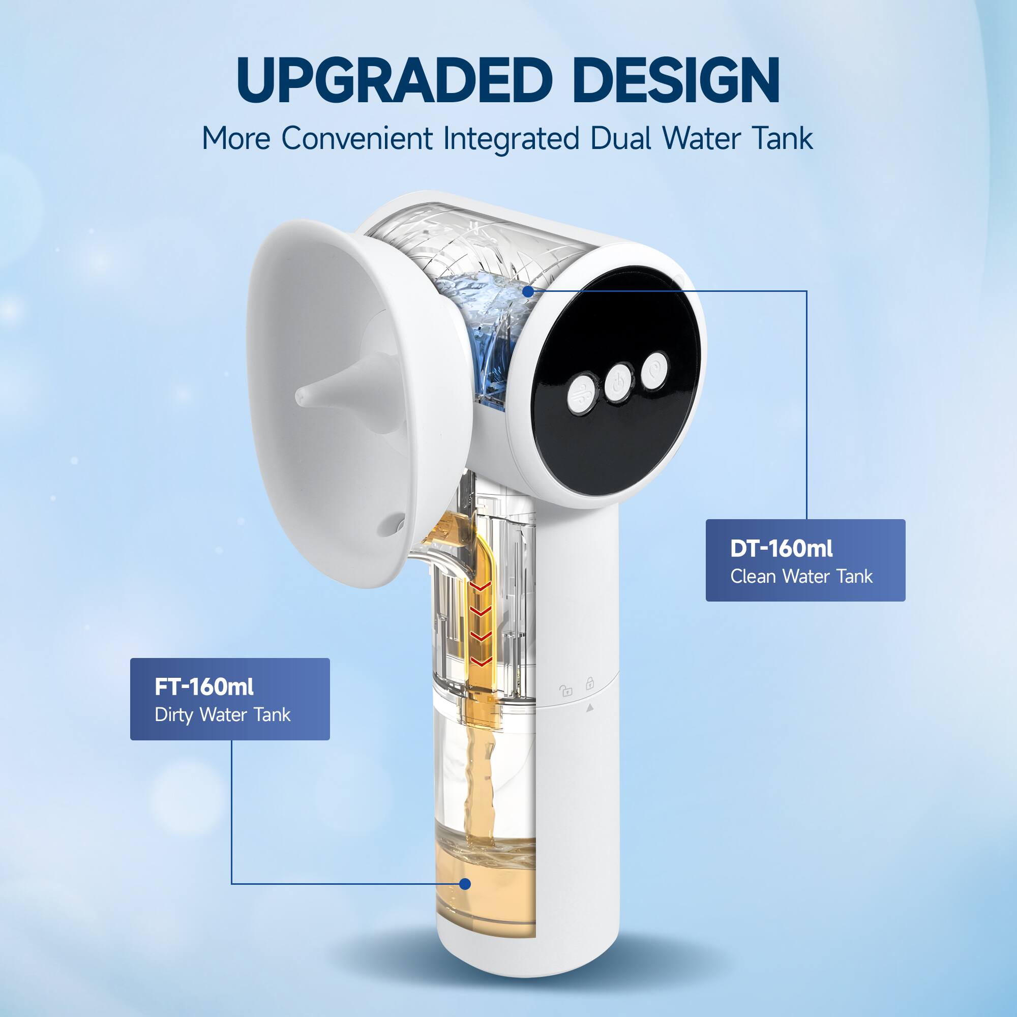 UPGRADED DESIGN  
More Convenient Integrated Dual Water Tank  

DT-160ml  
Clean Water Tank  

FT-160ml  
Dirty Water Tank