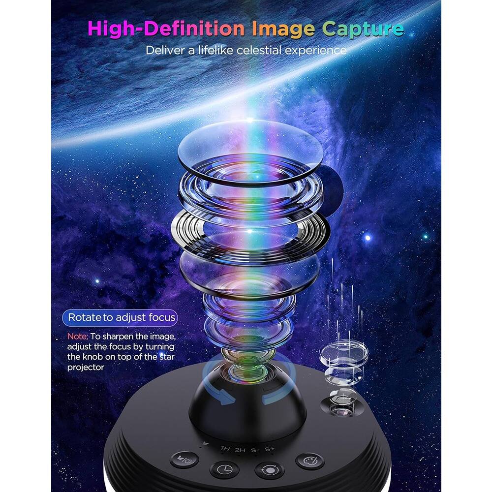 High-Definition Image Capture  
Deliver a lifelike celestial experience  

Rotate to adjust focus  
Note: To sharpen the image, adjust the focus by turning the knob on top of the Star projector