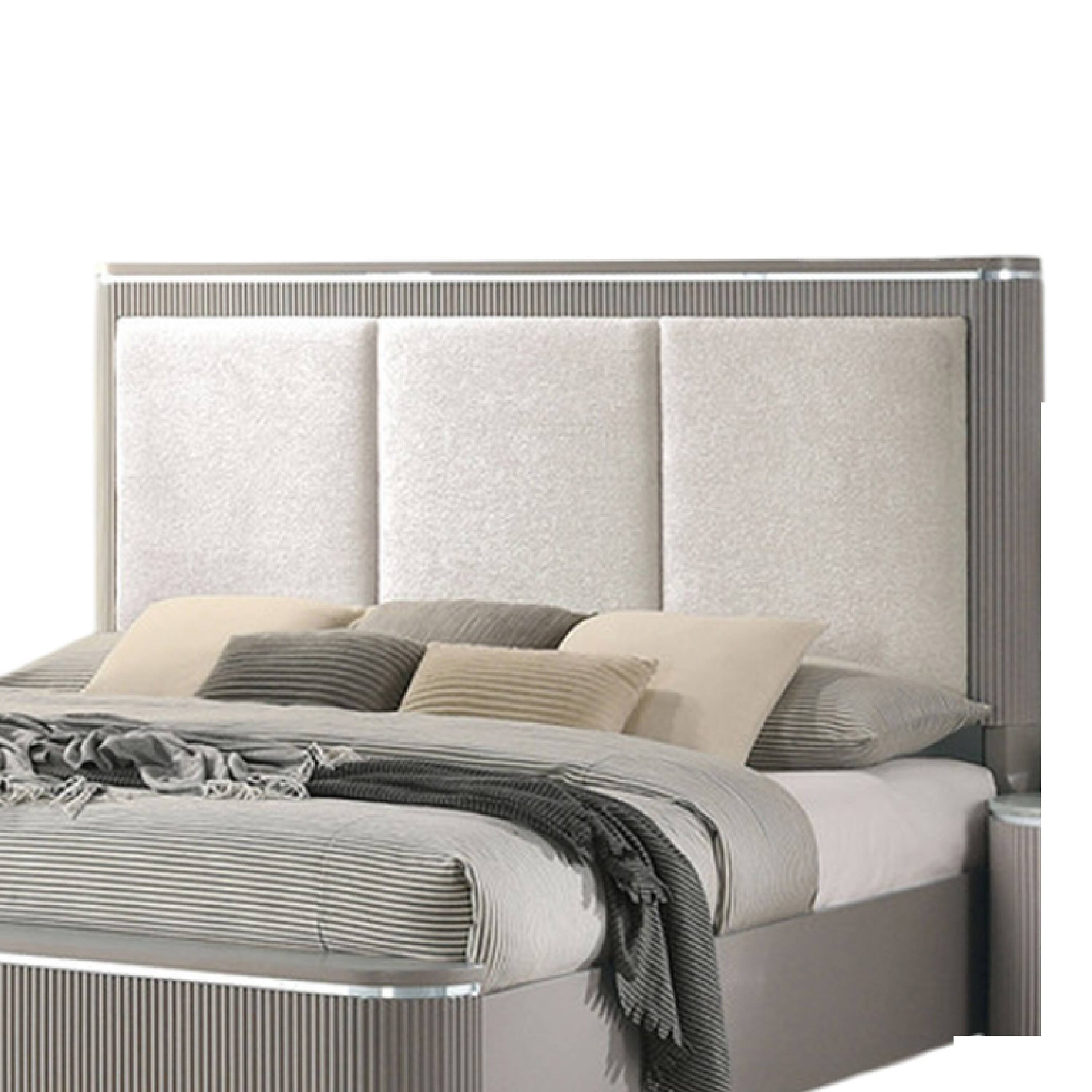Alt View 2. Manhattan Lane - Gema Queen Bed, Channeled Upholstery, Reeded w Silver Line - Light Gray, Silver.