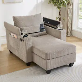 LUCKY ONE - 37.4" Convertible Chaise Lounge Sofa Chair Bed w/ USB Cup Holders Storage - Brown