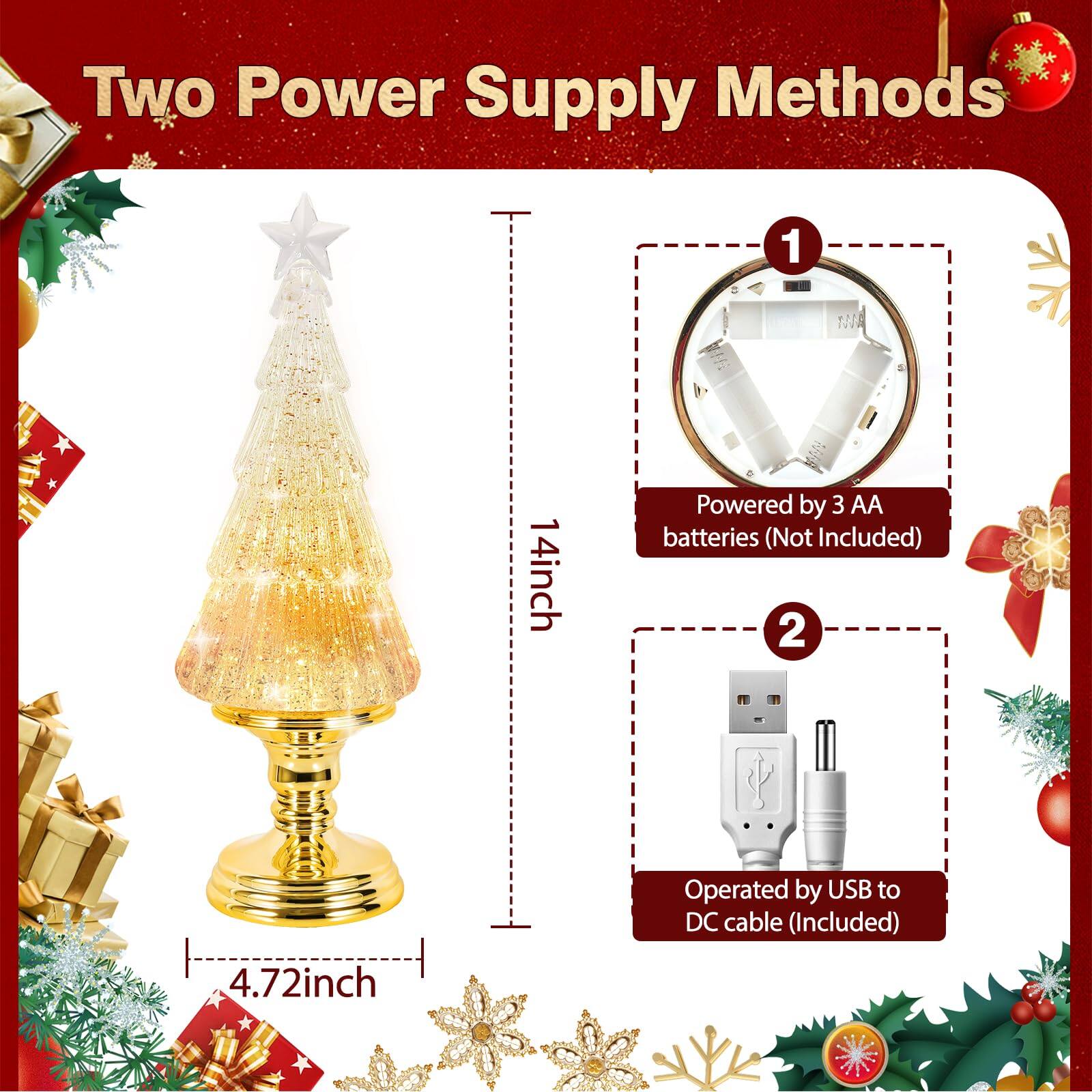 Two Power Supply Methods

1. Powered by 3 AA batteries (Not Included)
2. Operated by USB to DC cable (Included)

14inch

4.72inch