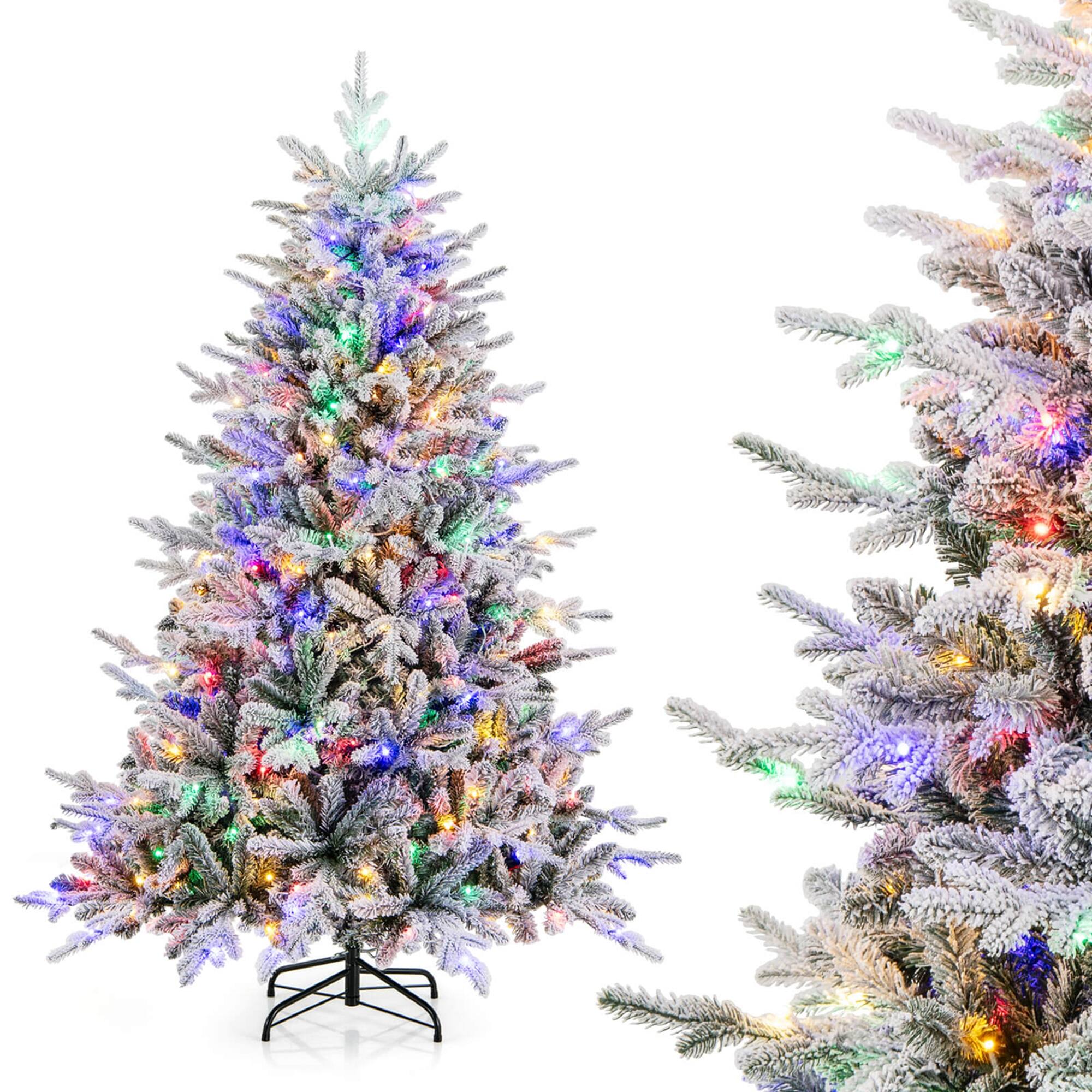 Costway - 6 FT Flocked Christmas Tree with 8 Lighting Modes 260 Multi-Color LED Lights - Green/White
